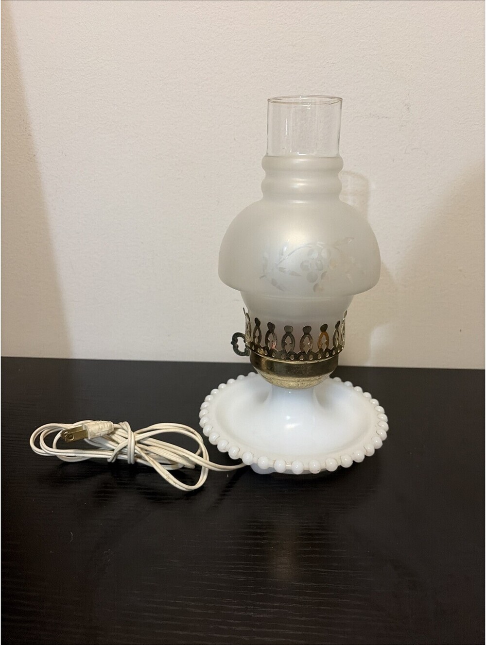 Vintage White Milk Glass Table Lamp Hobnail Hurricane Light Electric 10 3/4"